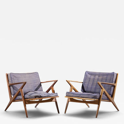 Poul Jensen Poul Jensen for Selig Mid Century Walnut Z Lounge Chairs Pair