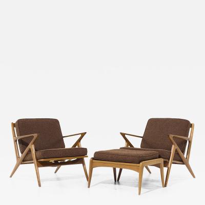 Poul Jensen Poul Jensen for Selig Mid Century Walnut Z Lounge Chairs and Ottoman