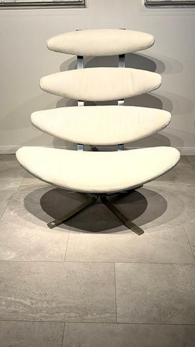 Poul Volther Danish Modern Leather and Stainless Steel Swivel Corona Chair Poul Volther