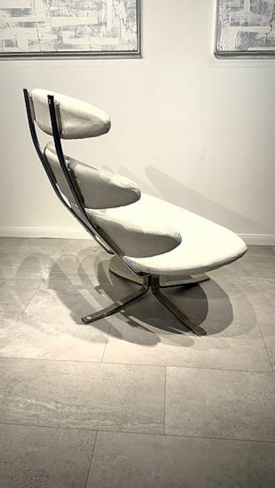 Poul Volther Danish Modern Leather and Stainless Steel Swivel Corona Chair Poul Volther
