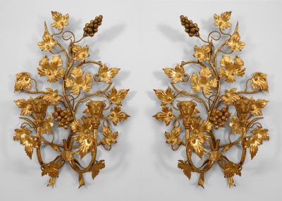 Pr Italian Mid Century Modern Gilt Metal 2 Arm Wall Sconces