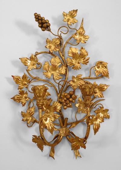 Pr Italian Mid Century Modern Gilt Metal 2 Arm Wall Sconces
