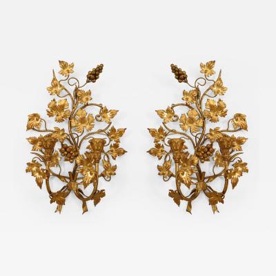 Pr Italian Mid Century Modern Gilt Metal 2 Arm Wall Sconces
