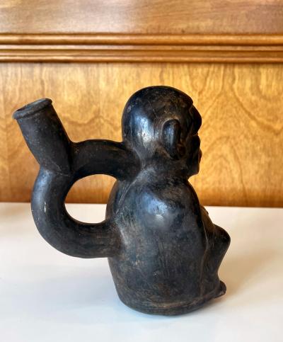 Pre Columbian Black Figural Stirrup Vessel Moche Culture