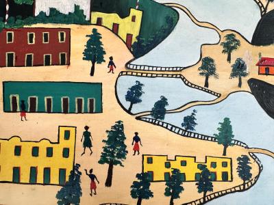 Prefete Duffaut Haitian Surrealism Jacmel Harbor Early Work Oil on Masonsite