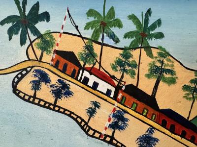 Prefete Duffaut Haitian Surrealism Jacmel Harbor Early Work Oil on Masonsite