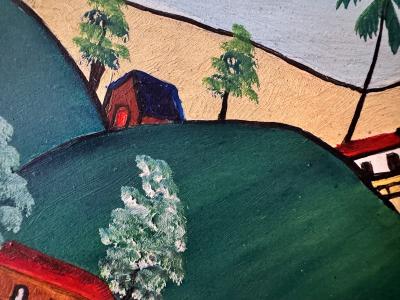 Prefete Duffaut Haitian Surrealism Jacmel Harbor Early Work Oil on Masonsite