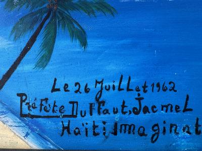 Prefete Duffaut Haitian Surrealism Jacmel Harbor Early Work Oil on Masonsite