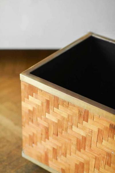 Pressed bamboo and brass vase holder with wheels 1970s 