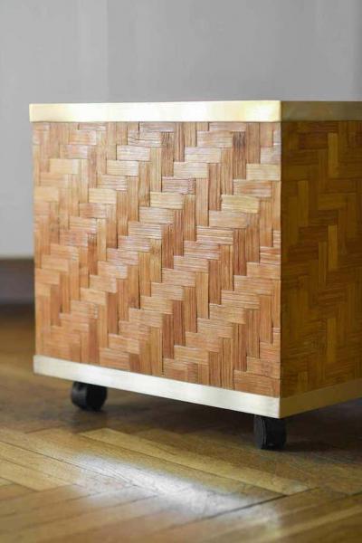 Pressed bamboo and brass vase holder with wheels 1970s 