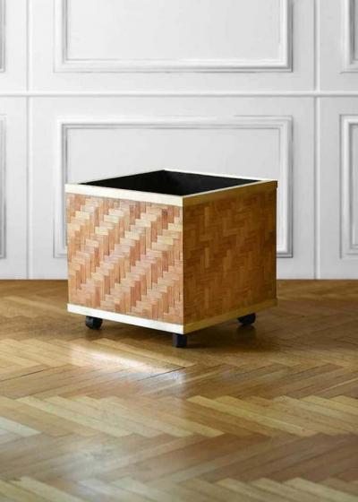 Pressed bamboo and brass vase holder with wheels 1970s 