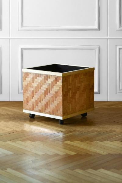 Pressed bamboo and brass vase holder with wheels 1970s 