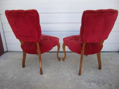 Pretty Pair of Queen Anne Style Red Tufted Side Chairs Hollywood Regency