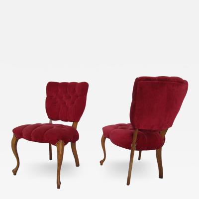 Pretty Pair of Queen Anne Style Red Tufted Side Chairs Hollywood Regency