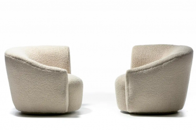 Preview Pair of Post Modern Swivel Chairs Swivel Top Ottoman in Ivory White Boucl 