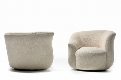 Preview Pair of Post Modern Swivel Chairs Swivel Top Ottoman in Ivory White Boucl 