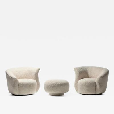 Preview Pair of Post Modern Swivel Chairs Swivel Top Ottoman in Ivory White Boucl 