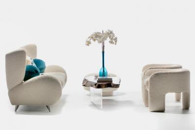 Preview Pair of Preview Tri Leg Post Modern Armchairs Newly Upholstered in Ivory Boucl 