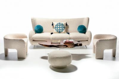 Preview Pair of Preview Tri Leg Post Modern Armchairs Newly Upholstered in Ivory Boucl 