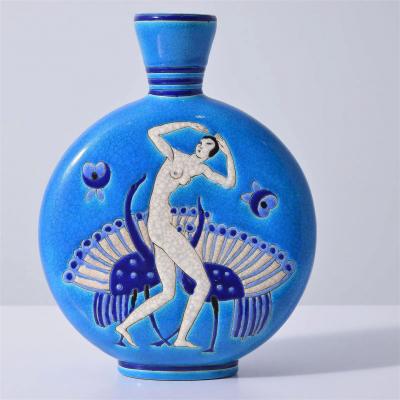 Primavera Atelier du Printemps Art Deco Period Longwy Enamel Moon Flask Shaped Vase by Atelier Primavera