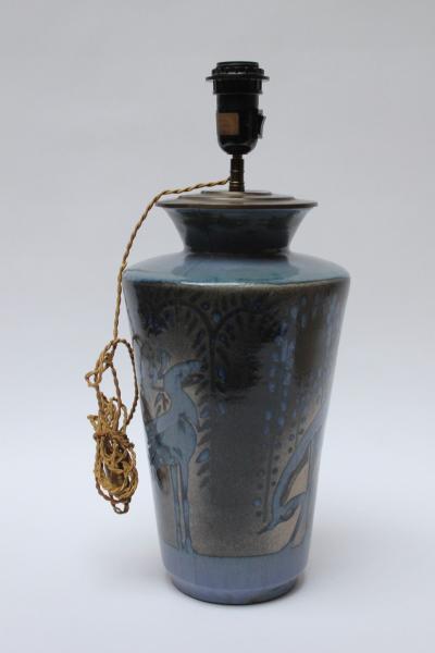Primavera Atelier du Printemps French Deco Ceramic Blue Glaze Deer in Landscape Lamp by Atelier Primavera