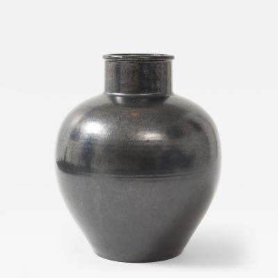 Primavera Atelier du Printemps Primavera Large Black Glazed Ceramic Oivid Vase Cylindrical Neck France 1930