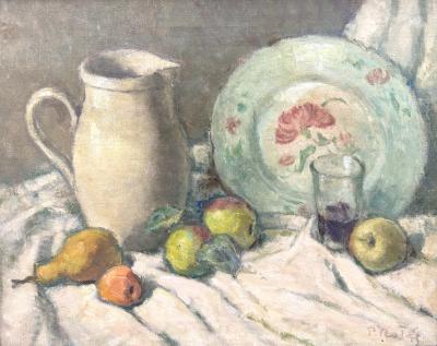 Prosper Rotge Still Life with Pitcher Plate and Fruit 