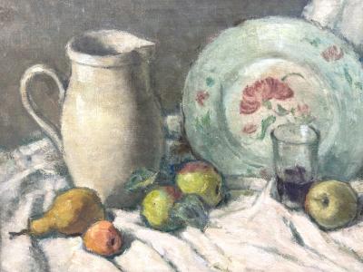 Prosper Rotge Still Life with Pitcher Plate and Fruit 