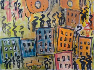 Purvis Young Large Purvis Young Abstract Outsider Folk Art Painting on Board