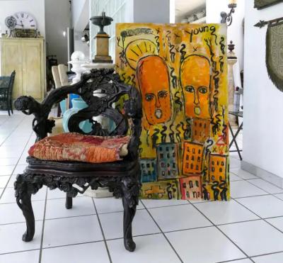 Purvis Young Large Purvis Young Abstract Outsider Folk Art Painting on Board