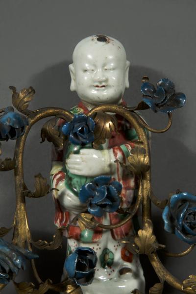 QING DYNASTY TWO LIGHT GILT COPPER MOUNTED PORCELAIN WALL SCONCES