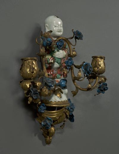 QING DYNASTY TWO LIGHT GILT COPPER MOUNTED PORCELAIN WALL SCONCES