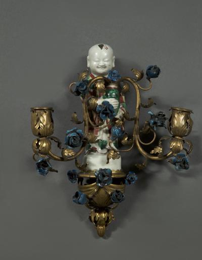 QING DYNASTY TWO LIGHT GILT COPPER MOUNTED PORCELAIN WALL SCONCES