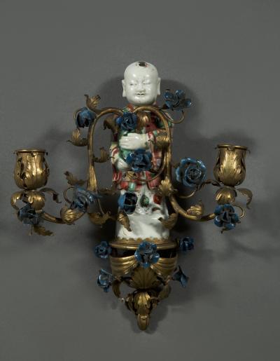 QING DYNASTY TWO LIGHT GILT COPPER MOUNTED PORCELAIN WALL SCONCES