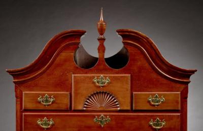 QUEEN ANNE BONNET TOP HIGHBOY WITH TWO CARVED FANS AND CHAMFERED CORNERS