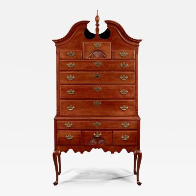 QUEEN ANNE BONNET TOP HIGHBOY WITH TWO CARVED FANS AND CHAMFERED CORNERS