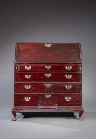 QUEEN ANNE CARVED SLANT FRONT DESK Probably Made by Ebenezer Hubbell