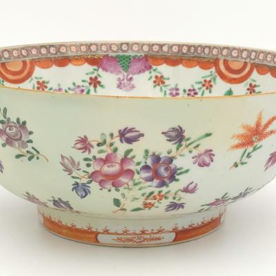 Qianlong Famille Rose Chinese Export Punch Bowl circa 1780 Restored