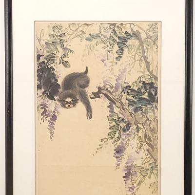 Qing Dynasty Painting of Wisteria and Monkeys China circa 1900