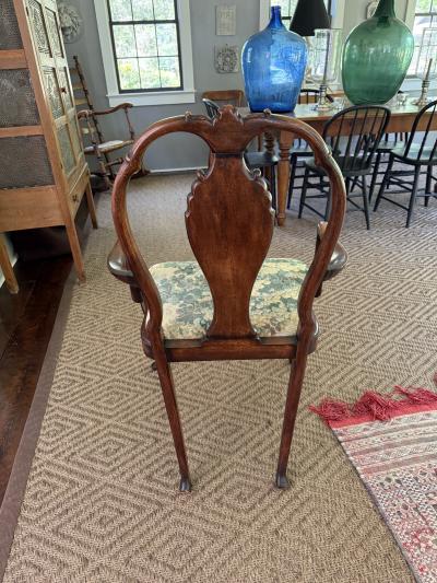 Queen Anne Burl Wood Armchair w Newly upholstered seat