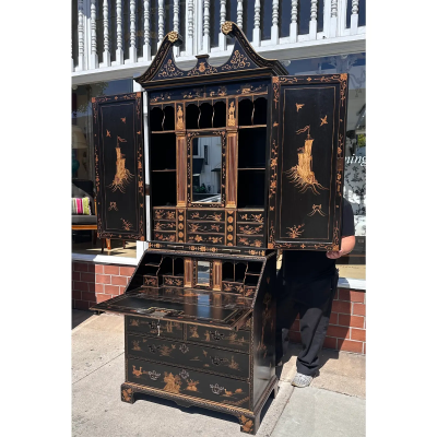 Queen Anne Style Burton Ching Black Chinoiserie Secretary Desk Bookcase
