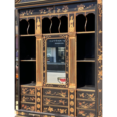 Queen Anne Style Burton Ching Black Chinoiserie Secretary Desk Bookcase