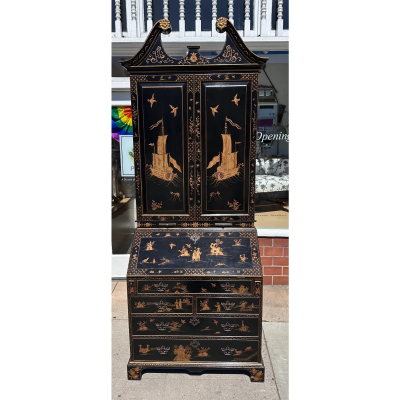 Queen Anne Style Burton Ching Black Chinoiserie Secretary Desk Bookcase
