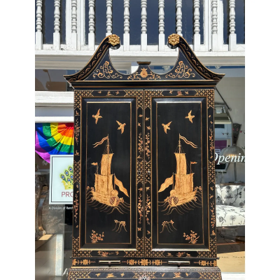 Queen Anne Style Burton Ching Black Chinoiserie Secretary Desk Bookcase
