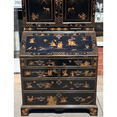 Queen Anne Style Burton Ching Black Chinoiserie Secretary Desk Bookcase
