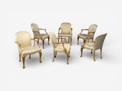 Queen Anne Style Six Dining Chairs Light Wood Fabric USA 1940s