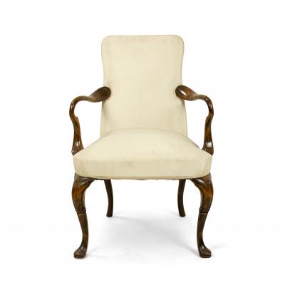 Queen Anne White Upholstered Walnut Arm Chair