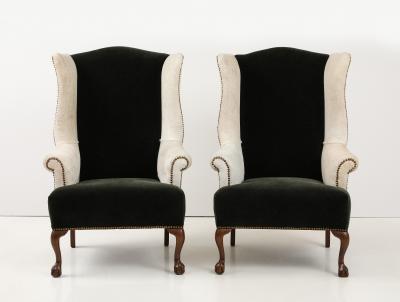 Quotient Bespoke English19th C Clawfoot Wingback Hide Mohair Chairs