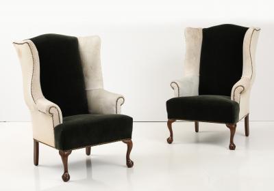 Quotient Bespoke English19th C Clawfoot Wingback Hide Mohair Chairs