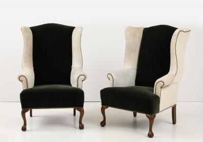 Quotient Bespoke English19th C Clawfoot Wingback Hide Mohair Chairs